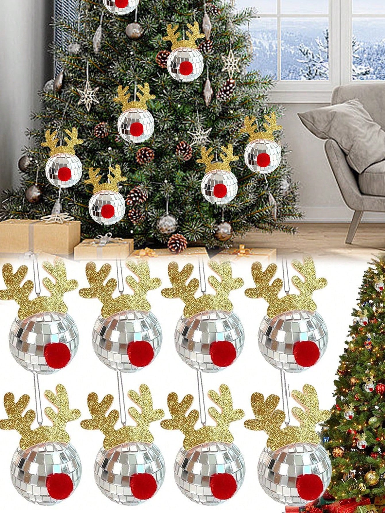 HKM-777299 Disco Mirror Ball Ornaments with Elk Antlers for Holiday Decor and Festive Celebrations