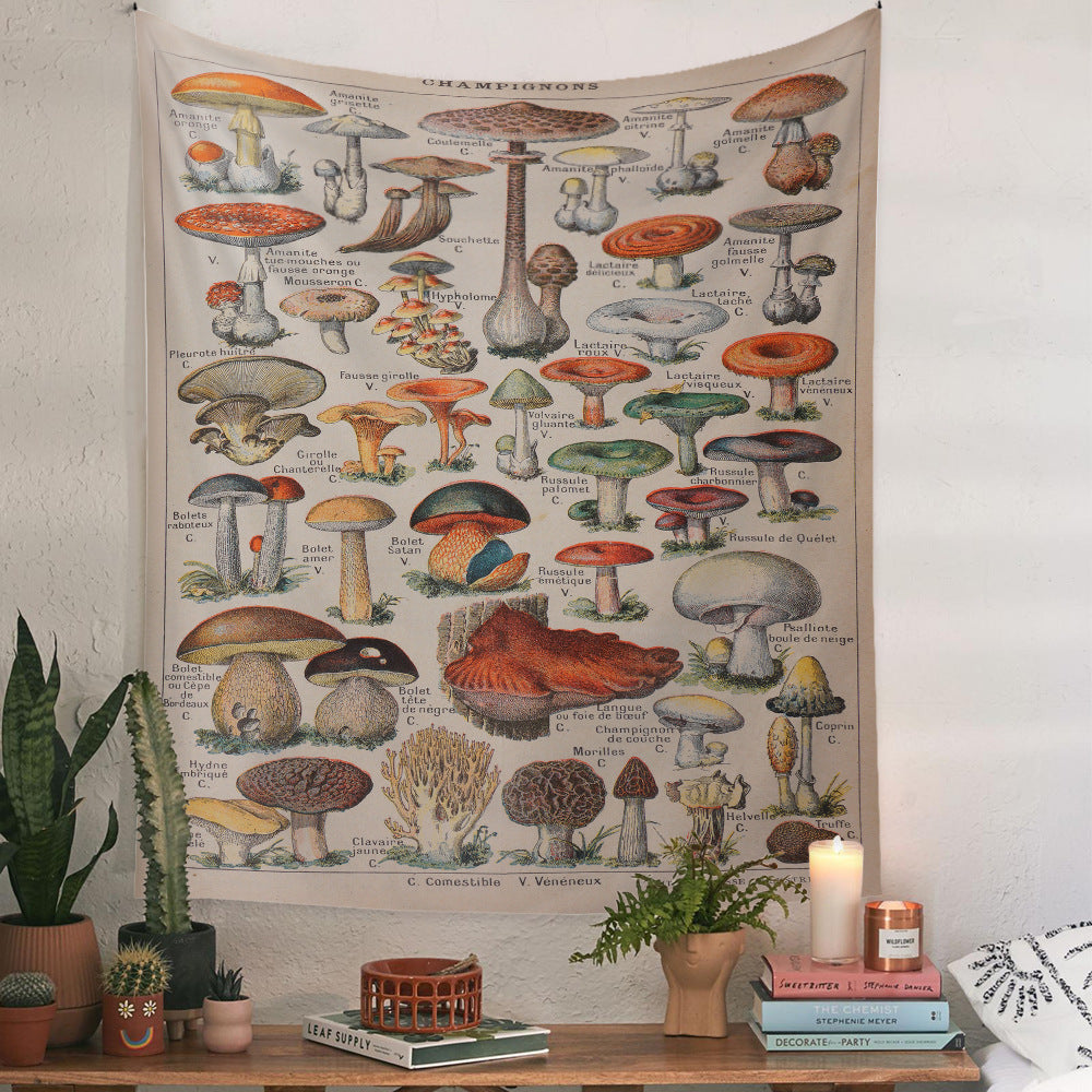 HKM-777875 European Retro Mushroom Plant Tapestry - Plush Fabric Wall Hanging Decoration in Various Sizes