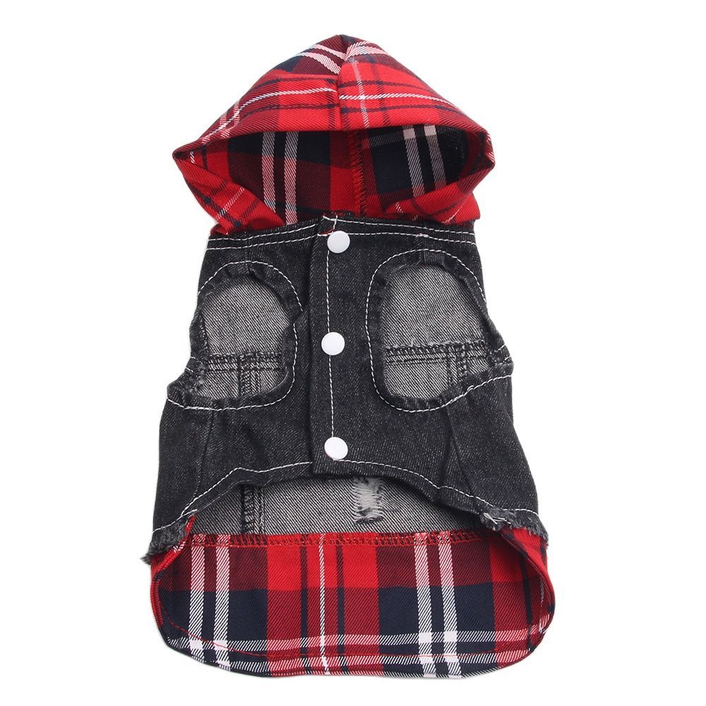 HKM-778195 Pet Teddy Dog Denim Outfit - Stylish Navy & Red Four-Legged Clothing, Sizes XS to XXL