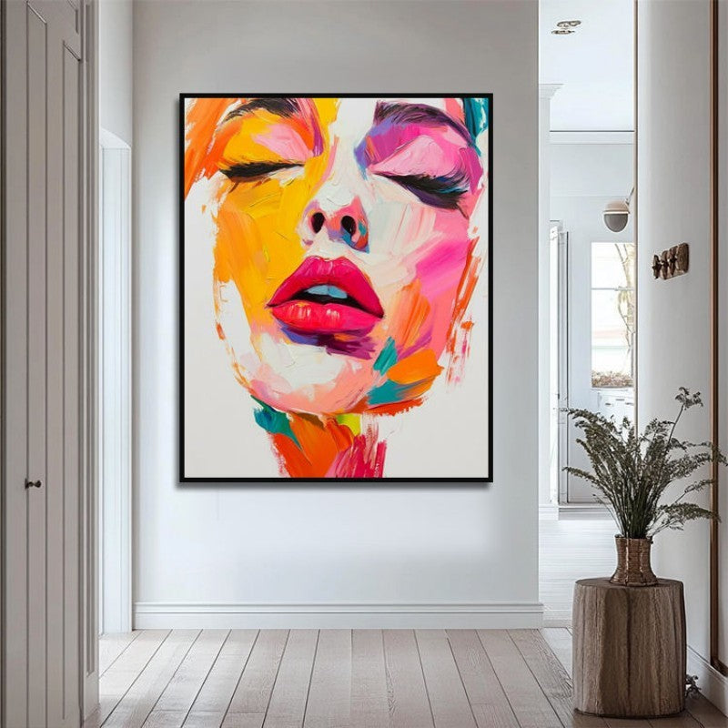 KTX-778259 Handmade Oil Painting on Canvas - Modern Abstract Human Face Wall Art for Living Room Decor - Unstretched Frameless Design