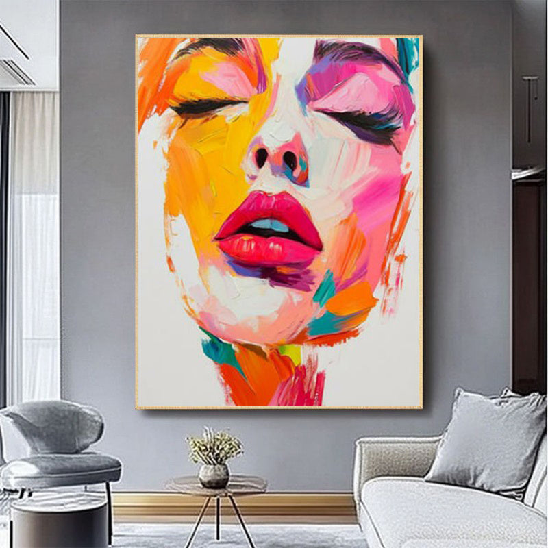 KTX-778259 Handmade Oil Painting on Canvas - Modern Abstract Human Face Wall Art for Living Room Decor - Unstretched Frameless Design