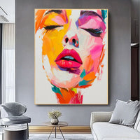 HKM-778259 Handmade Oil Painting on Canvas - Modern Abstract Human Face Wall Art for Living Room Decor - Unstretched Frameless Design