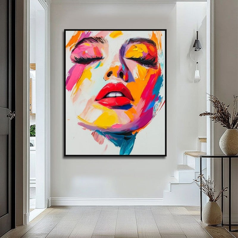 KTX-778259 Handmade Oil Painting on Canvas - Modern Abstract Human Face Wall Art for Living Room Decor - Unstretched Frameless Design