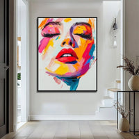 HKM-778259 Handmade Oil Painting on Canvas - Modern Abstract Human Face Wall Art for Living Room Decor - Unstretched Frameless Design