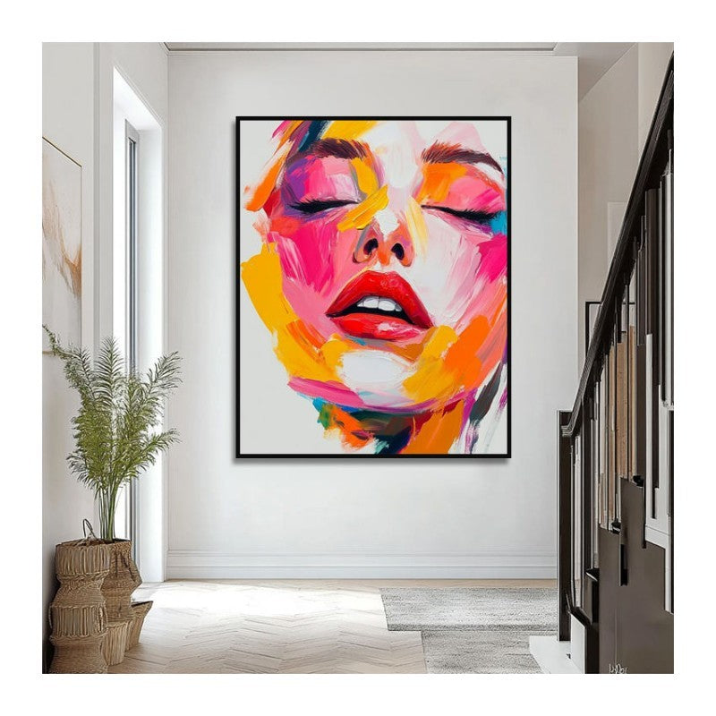 KTX-778259 Handmade Oil Painting on Canvas - Modern Abstract Human Face Wall Art for Living Room Decor - Unstretched Frameless Design
