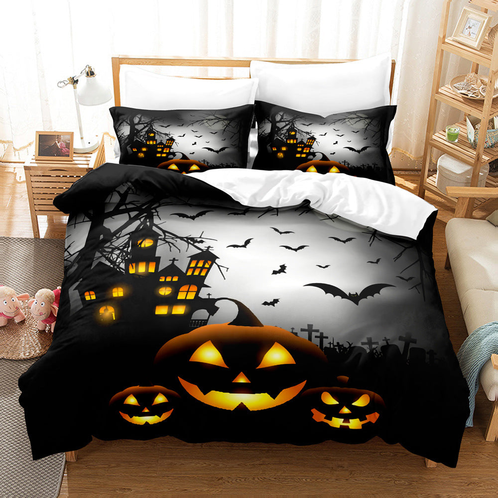HKM-778323 Halloween Geometric Bed Sheet Set with Duvet Cover and Pillowcases in White and Bright Yellow