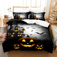 HKM-778323 Halloween Geometric Bed Sheet Set with Duvet Cover and Pillowcases in White and Bright Yellow