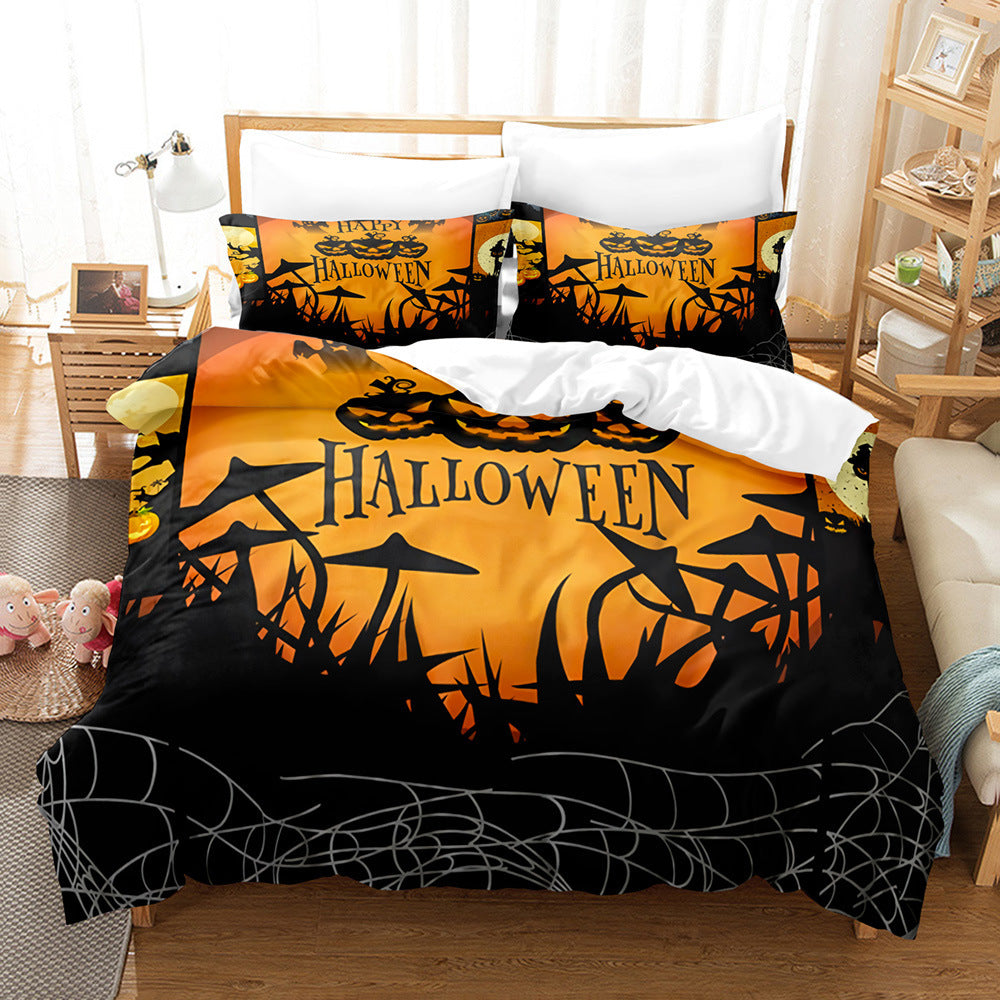 HKM-778323 Halloween Geometric Bed Sheet Set with Duvet Cover and Pillowcases in White and Bright Yellow
