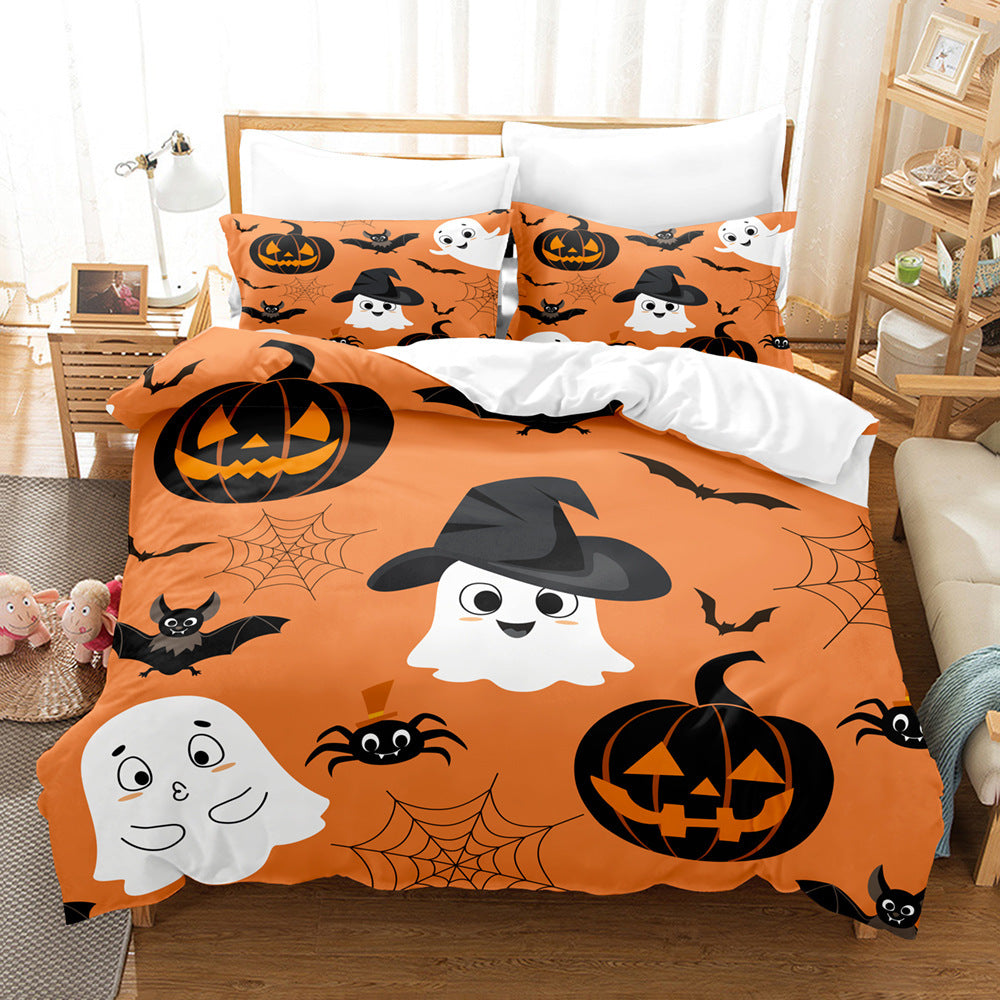 HKM-778323 Halloween Geometric Bed Sheet Set with Duvet Cover and Pillowcases in White and Bright Yellow