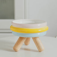 HKM-778835 Ceramic Cat Food and Water Bowl with Wooden Frame
