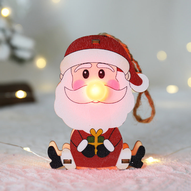 HKM-779091 Luminous Wooden Christmas Ornaments – Red Nose Elderly, Elk, and Snowman Designs