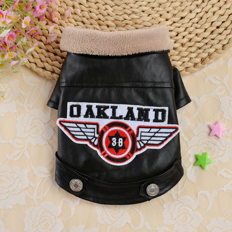 HKM-779347 Stylish PU Leather Dog Jacket with Embroidered Letters in Black