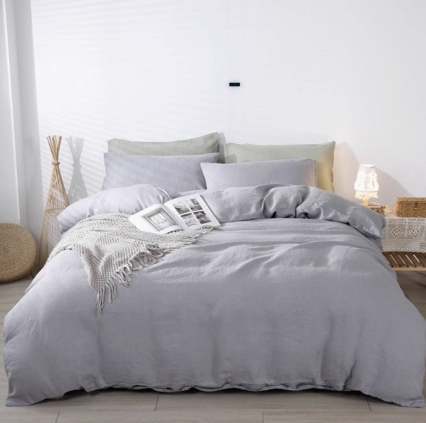 HKM-779795 Four-Piece Pure Linen Bedding Set with Fitted Sheet and Pillowcases - Multiple Colors Available