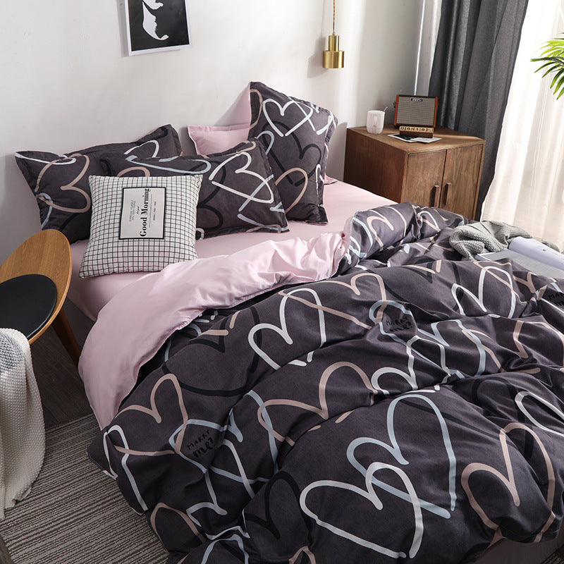 HKM-779795 Heart Print 4-Piece Bedding Set - Natural Plant Blend Fiber, Various Sizes Available