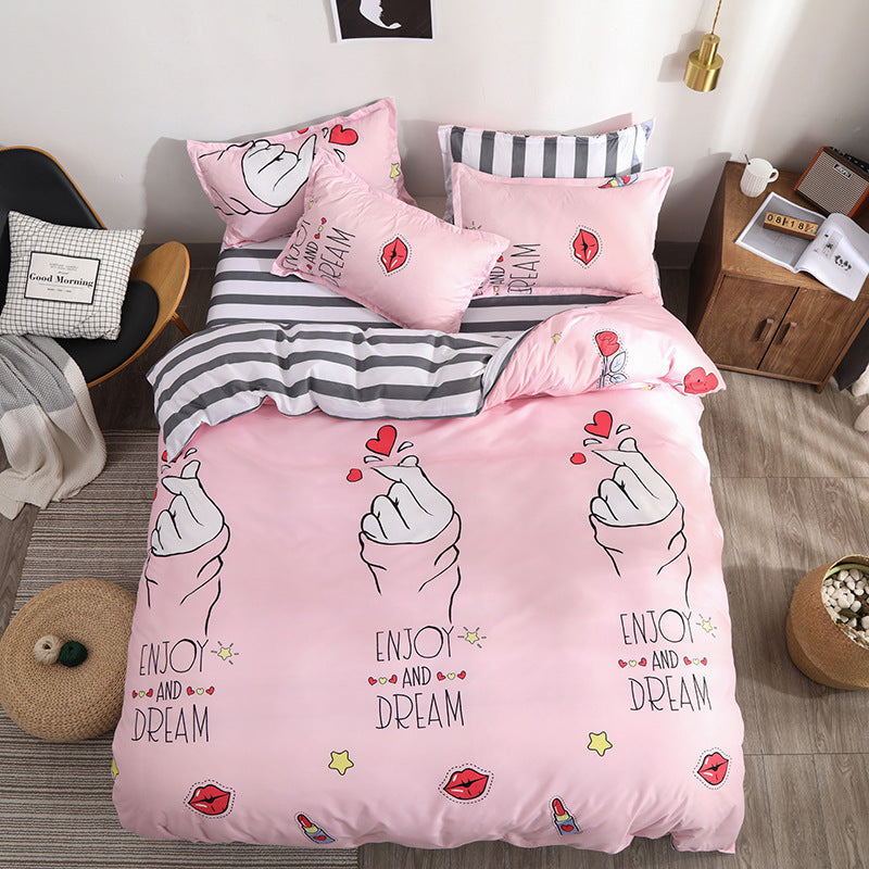 HKM-779795 Heart Print 4-Piece Bedding Set - Natural Plant Blend Fiber, Various Sizes Available