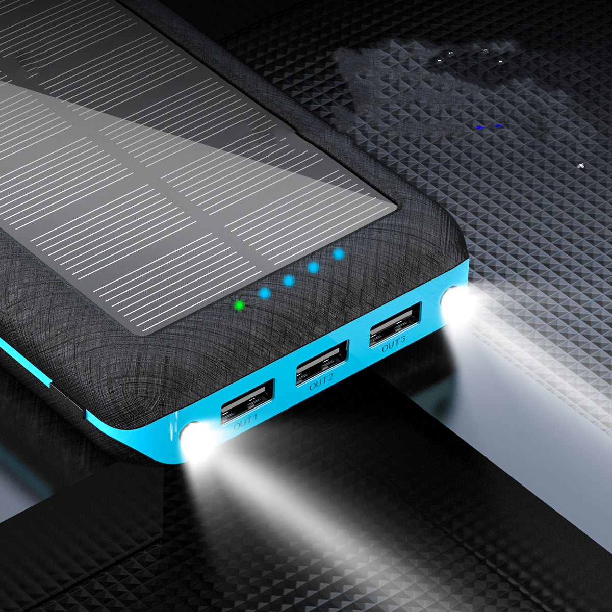 HKM-779859 Wireless Solar Charger with LED Flashlight, 3 USB Ports, for Portable Use with Apple, Xiaomi, Samsung Devices