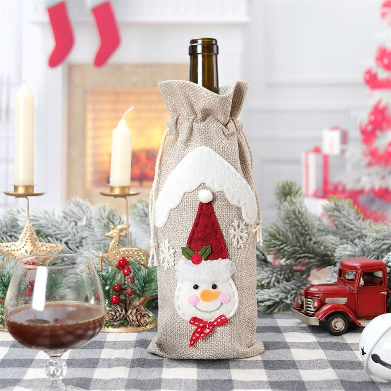 HKM-780243 Linen Christmas Wine Bottle Covers - Set of 3 Santa, Deer, and Snowman Designs