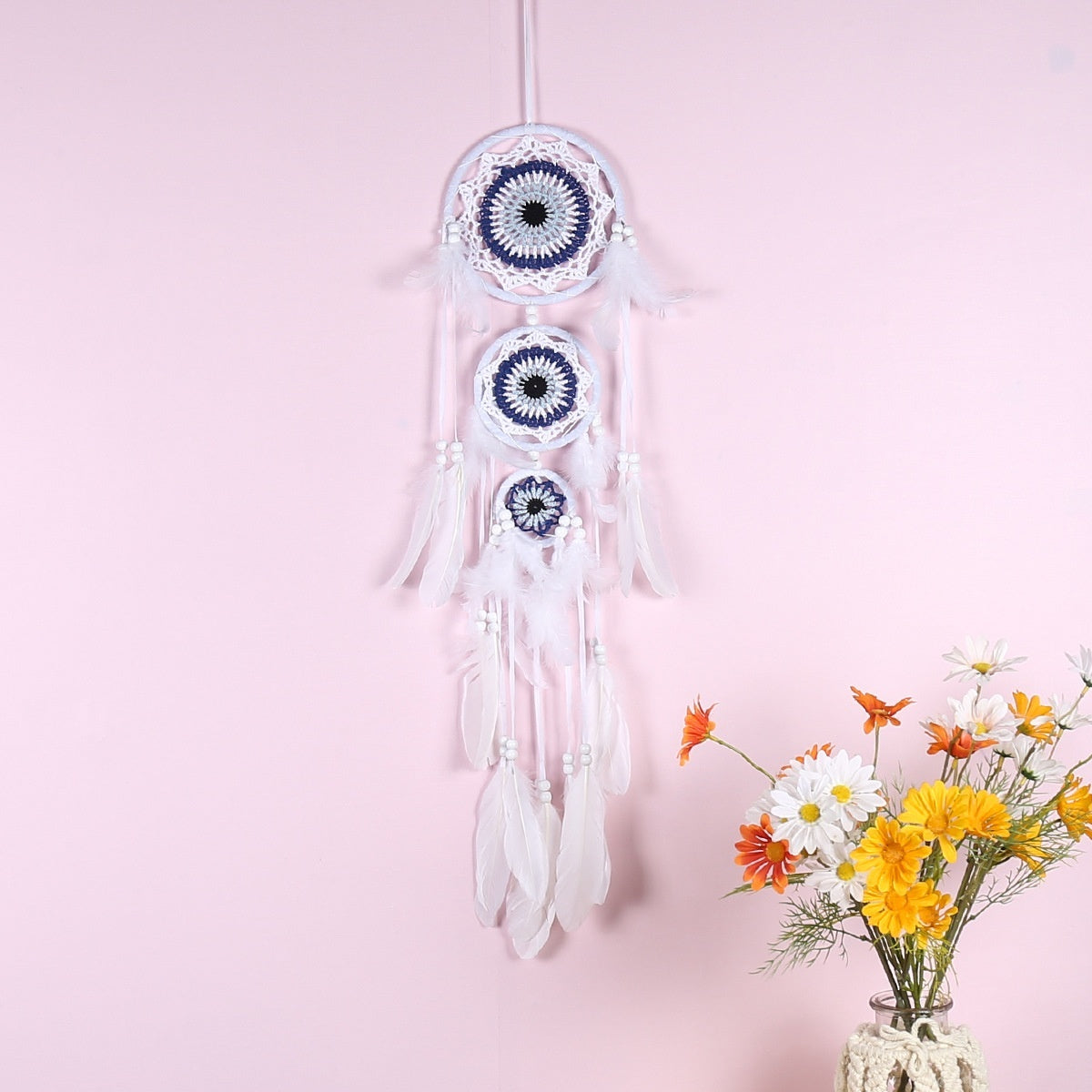 HKM-780307 Black Dreamcatcher Wall Hanging with Feather Wind Chimes - Hand-Woven Three-Ring Pendant Decor