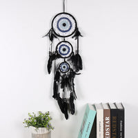 HKM-780307 Black Dreamcatcher Wall Hanging with Feather Wind Chimes - Hand-Woven Three-Ring Pendant Decor