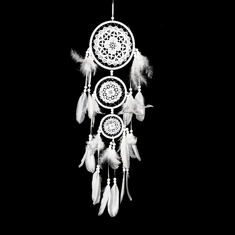 HKM-780307 Black Dreamcatcher Wall Hanging with Feather Wind Chimes - Hand-Woven Three-Ring Pendant Decor