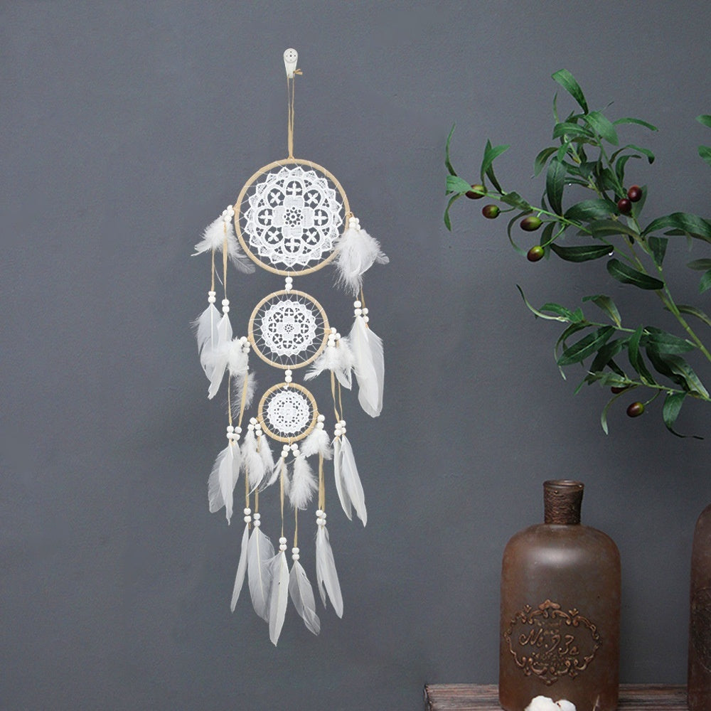 HKM-780307 Black Dreamcatcher Wall Hanging with Feather Wind Chimes - Hand-Woven Three-Ring Pendant Decor