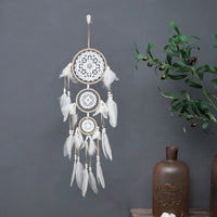 HKM-780307 Black Dreamcatcher Wall Hanging with Feather Wind Chimes - Hand-Woven Three-Ring Pendant Decor