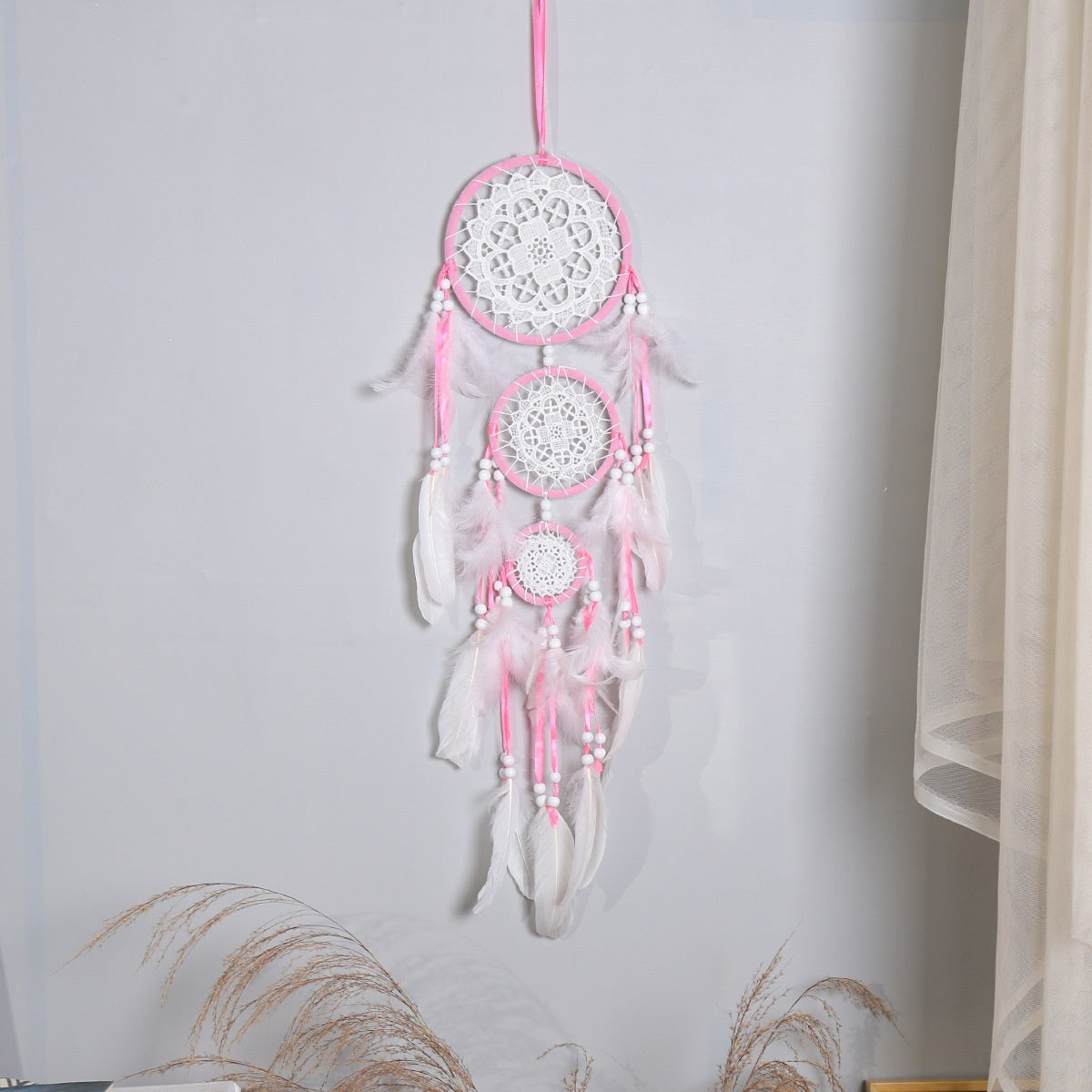 HKM-780307 Black Dreamcatcher Wall Hanging with Feather Wind Chimes - Hand-Woven Three-Ring Pendant Decor