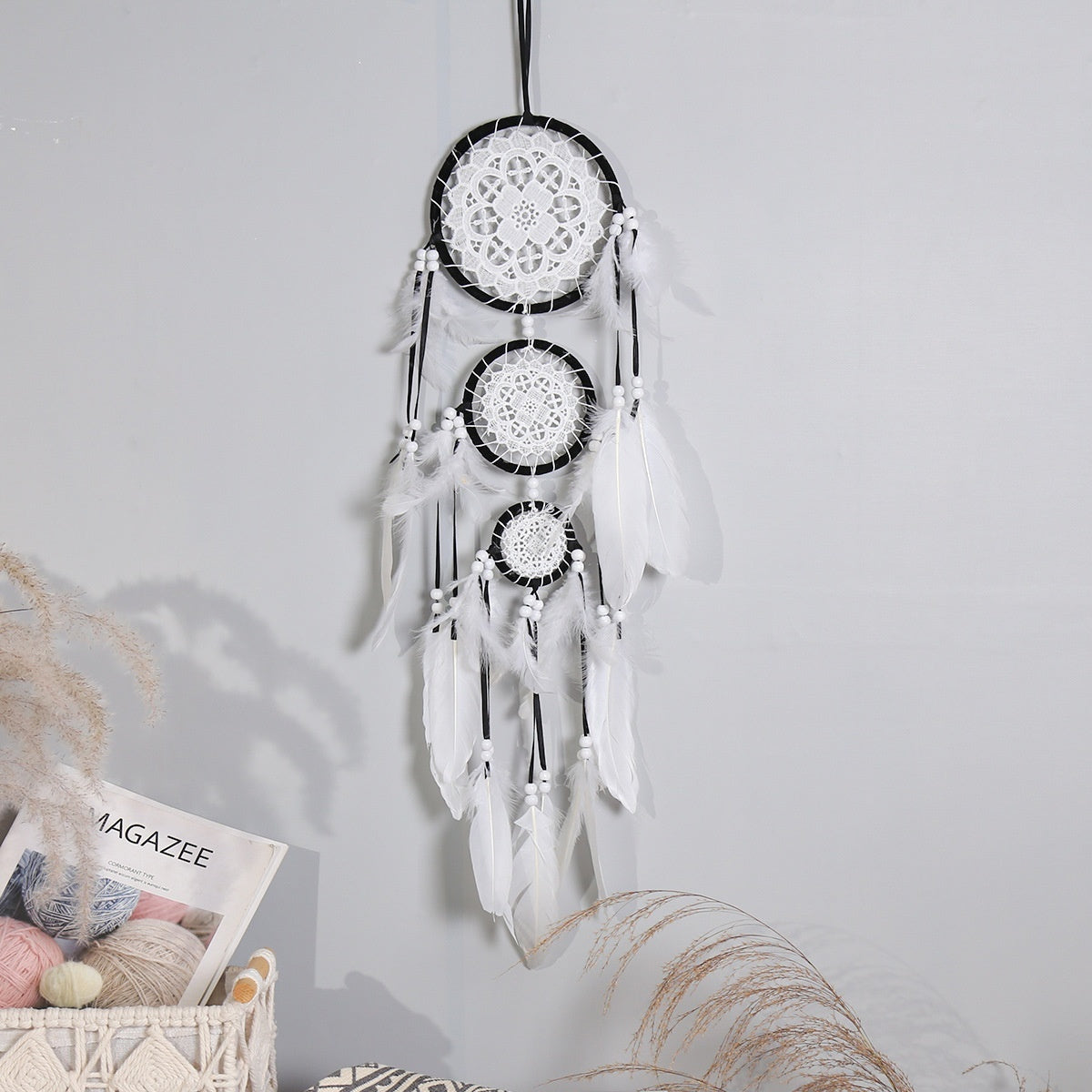 HKM-780307 Black Dreamcatcher Wall Hanging with Feather Wind Chimes - Hand-Woven Three-Ring Pendant Decor