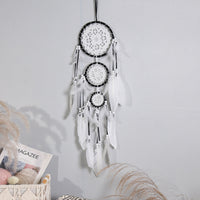 HKM-780307 Black Dreamcatcher Wall Hanging with Feather Wind Chimes - Hand-Woven Three-Ring Pendant Decor