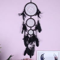 HKM-780307 Black Dreamcatcher Wall Hanging with Feather Wind Chimes - Hand-Woven Three-Ring Pendant Decor