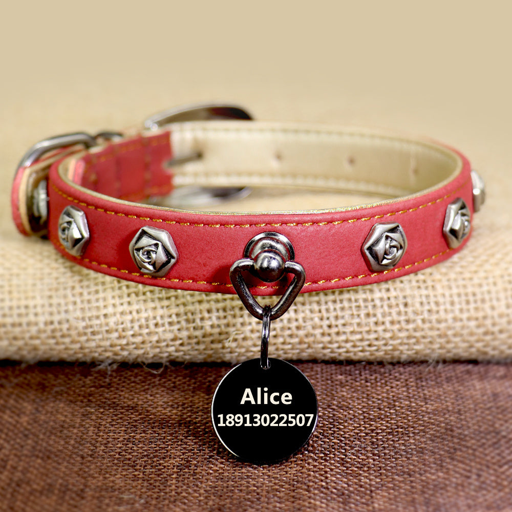 HKM-781971 Double-Layer Super Fiber Pet Leather Collar for Small and Medium Dogs with Custom Rose Nail Design