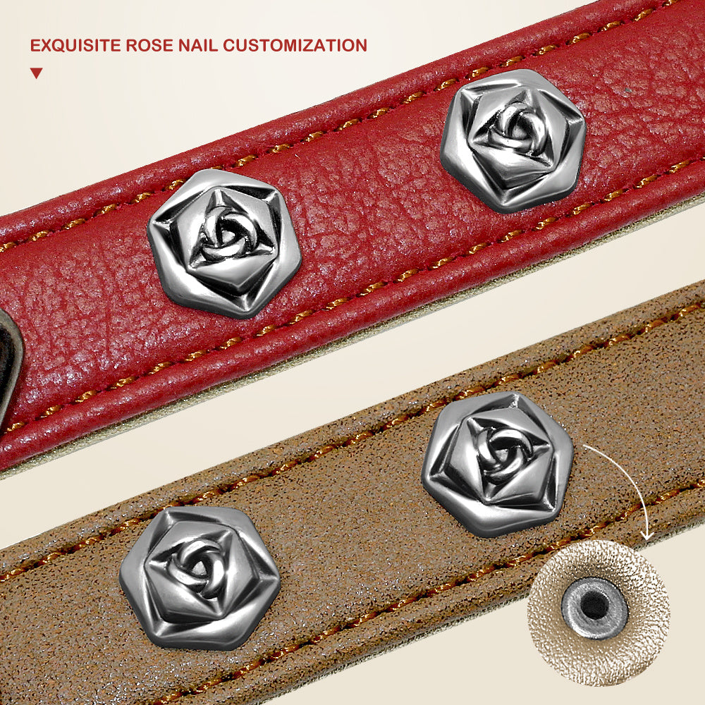 HKM-781971 Double-Layer Super Fiber Pet Leather Collar for Small and Medium Dogs with Custom Rose Nail Design