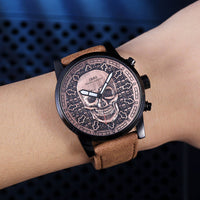 HKM-782291 Gothic Movement Men's Fashion Quartz Watch with Genuine Leather Strap and Waterproof Design
