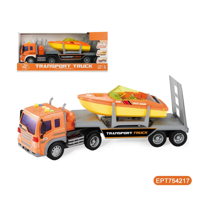 HKM-782419 1/16 Scale Friction Plastic Toy Truck with Tow Trailer for Kids Ages 2 and Up