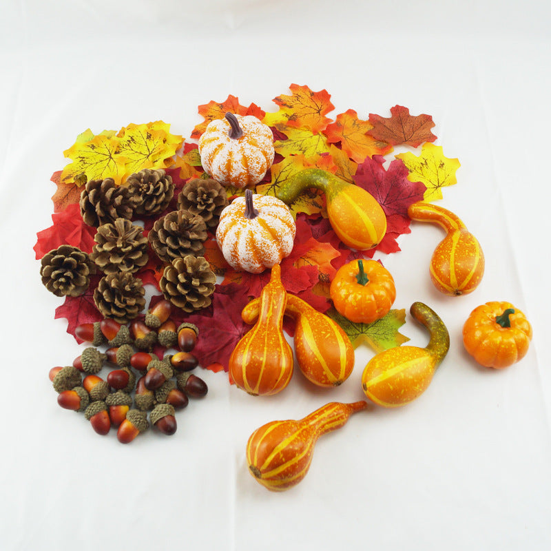 HKM-783059 Autumn-Themed Decorative Props Set with Pumpkins, Acorns, Maple Leaves, and Pine Cones for Halloween DIY Decor