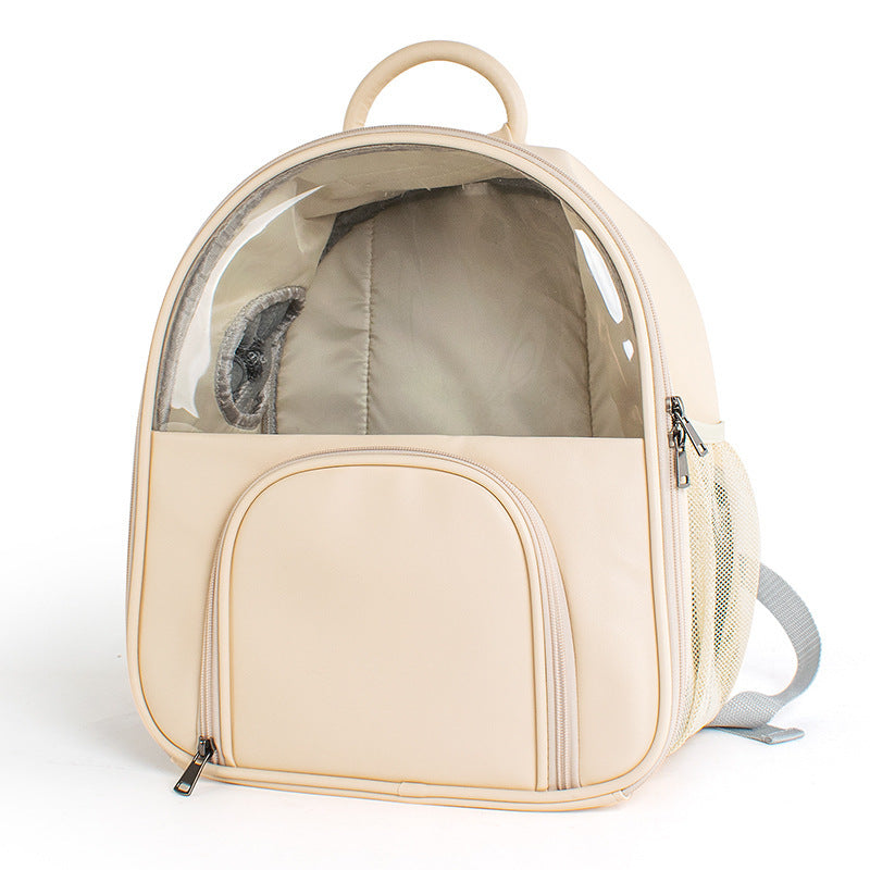 HKM-785427 Transparent Pet Backpack for Cats and Dogs - Fine Grain Leather in Beige and Blue