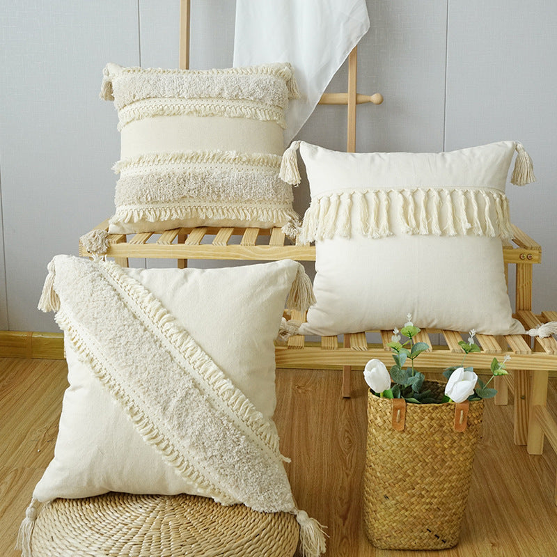 HKM-786003 Boho Ethnic Tufted Pillowcase with Tassels – Canvas, 45x45CM & 30x50CM Options