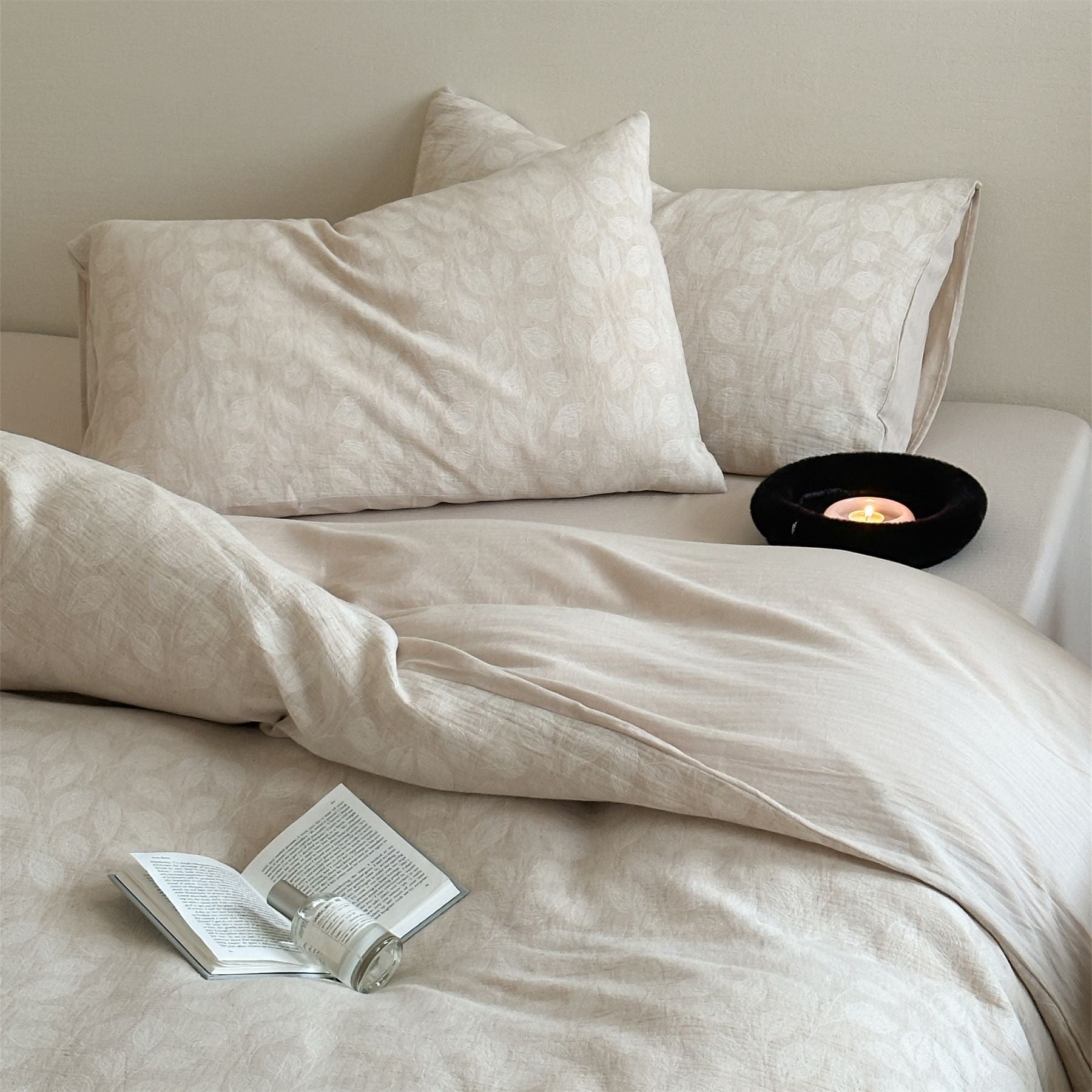 HKM-786067 Geometric Cotton and Linen Jacquard Herringbone Four-Piece Bed Sheet Set with Floral Design