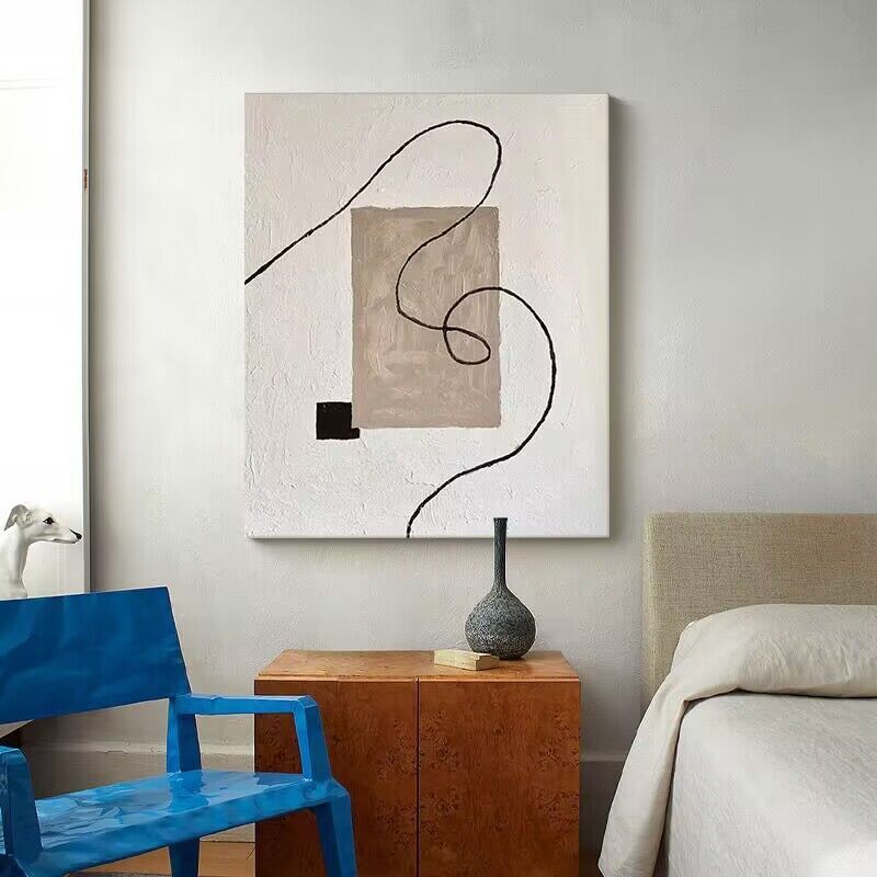 HKM-786323 Minimalist Black and White Hand-Painted Oil Painting on Canvas for Living Room Décor - Available in Multiple Frame Options