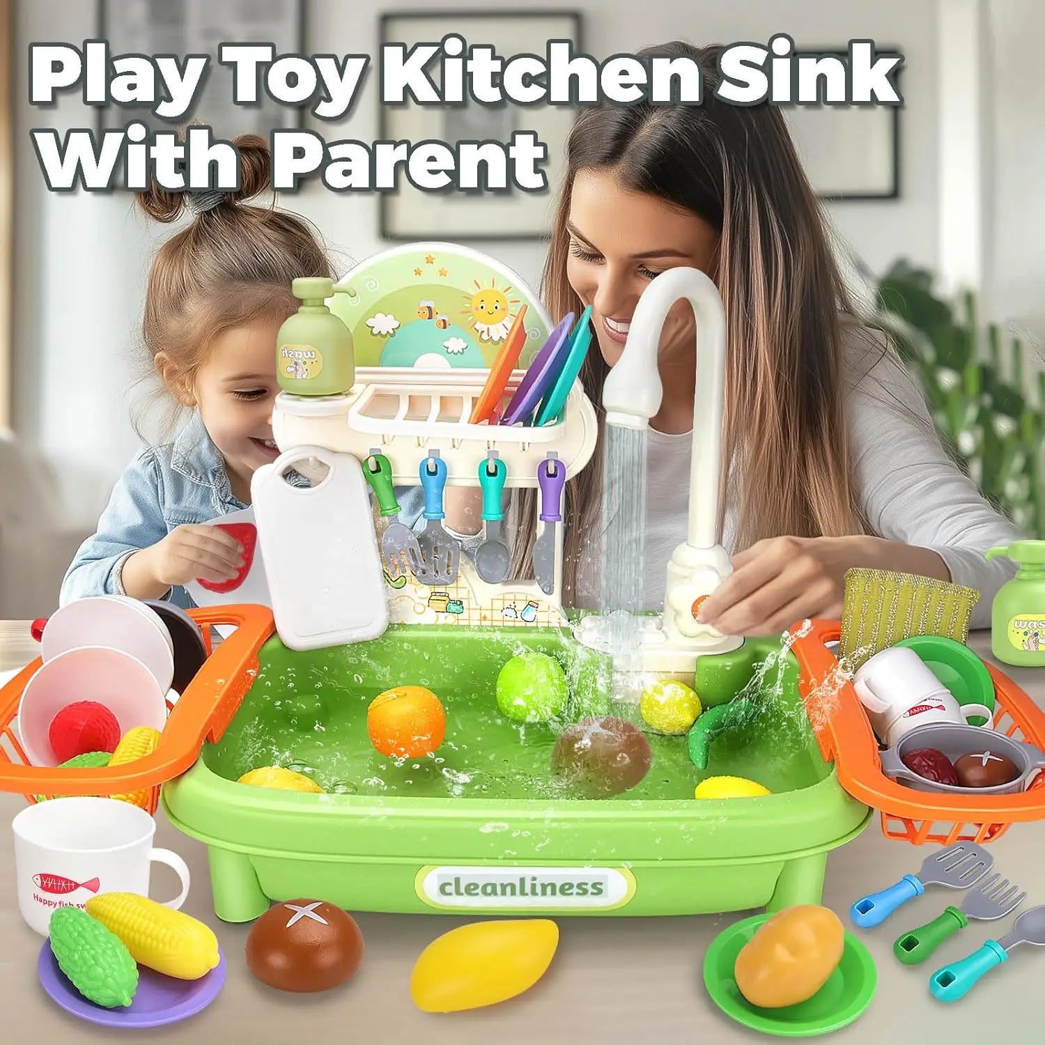 Upgraded Pretend Kitchen Sink Play Set with Working Faucet and Dishes for Kids