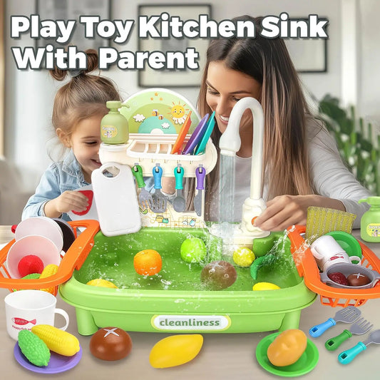 Upgraded Pretend Kitchen Sink Play Set with Working Faucet and Dishes for Kids