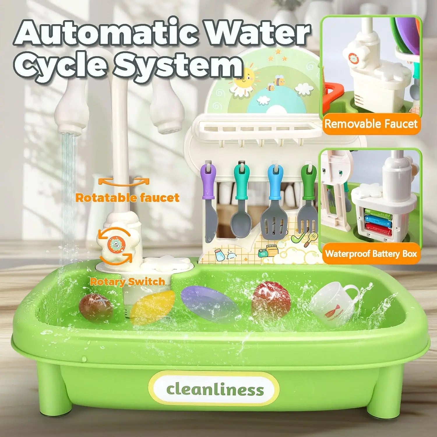 Upgraded Pretend Kitchen Sink Play Set with Working Faucet and Dishes for Kids