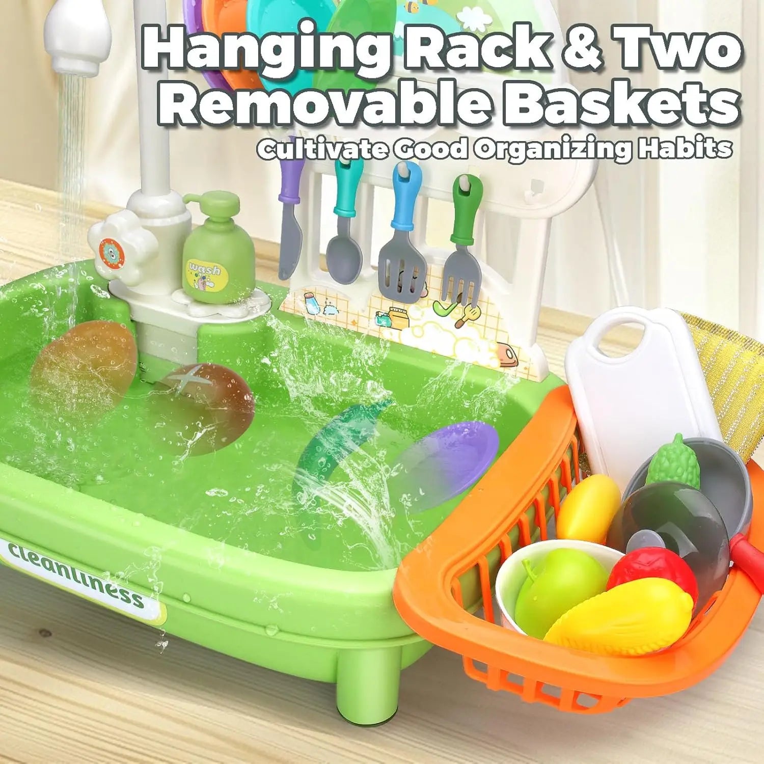 Upgraded Pretend Kitchen Sink Play Set with Working Faucet and Dishes for Kids