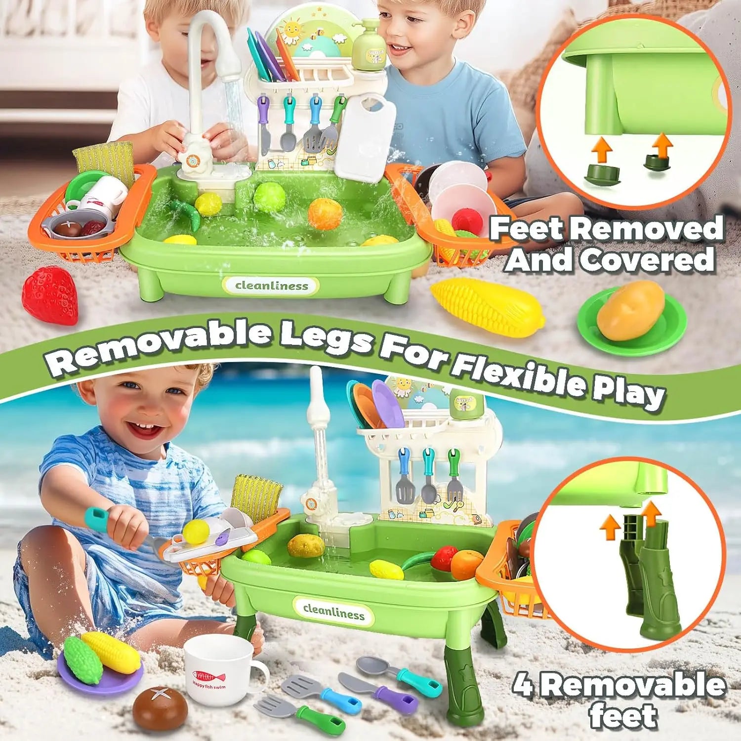 Upgraded Pretend Kitchen Sink Play Set with Working Faucet and Dishes for Kids