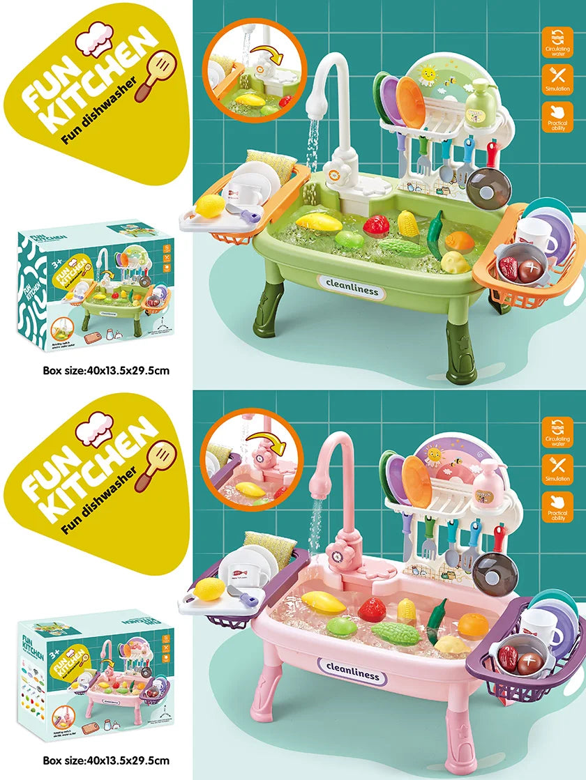 Upgraded Pretend Kitchen Sink Play Set with Working Faucet and Dishes for Kids