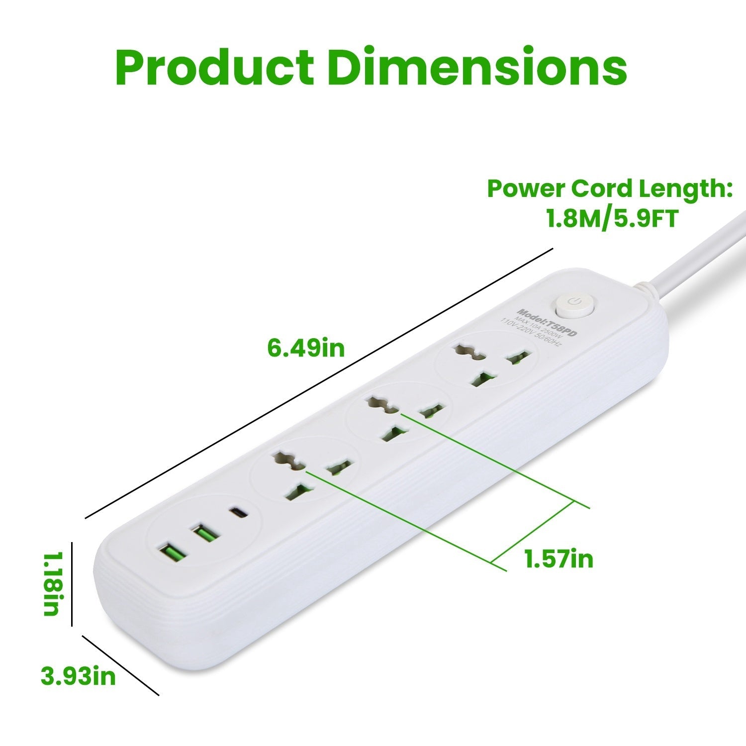 HKM-787731 6FT Power Strip with 3 AC Outlets, 2 USB A Ports, and 1 USB C Port, Wall Mountable with Safety Cover, Ideal for Home and Office Use