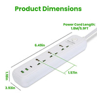 HKM-787731 6FT Power Strip with 3 AC Outlets, 2 USB A Ports, and 1 USB C Port, Wall Mountable with Safety Cover, Ideal for Home and Office Use