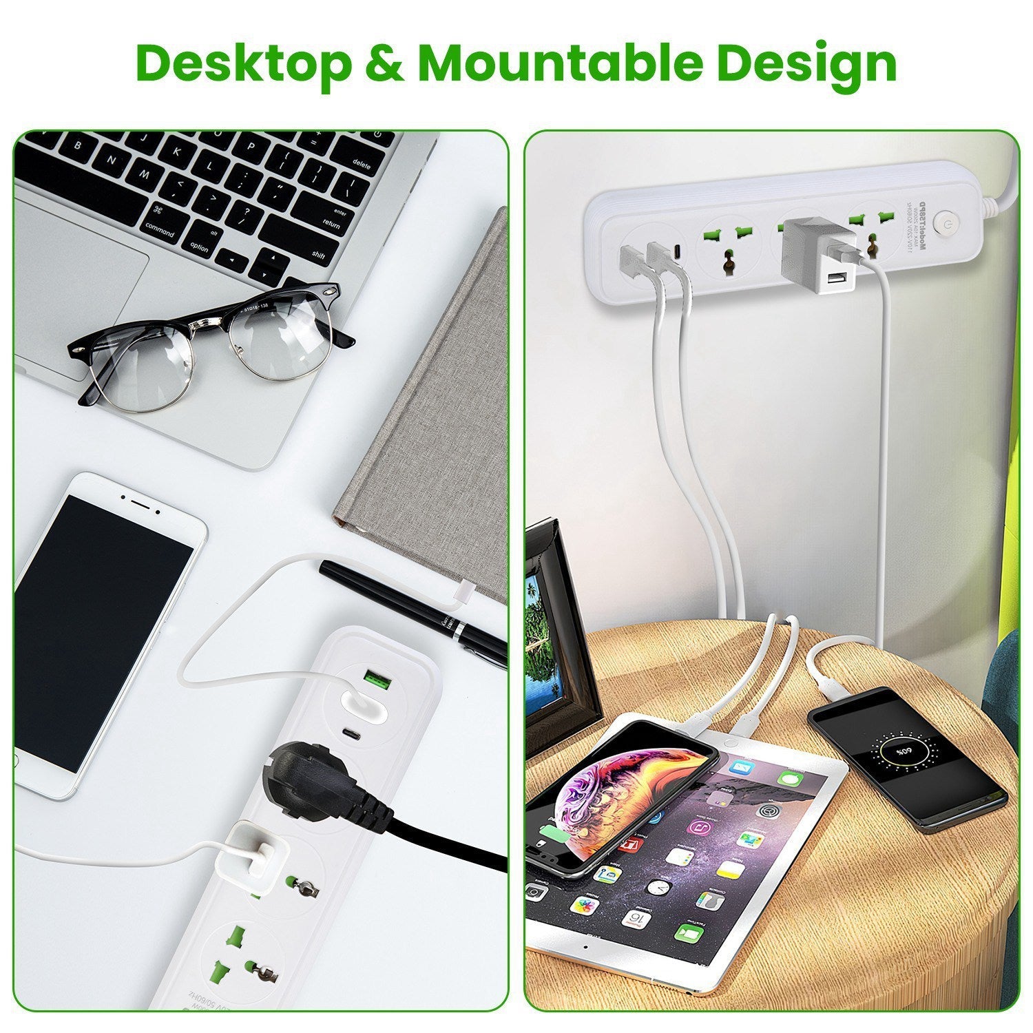 HKM-787731 6FT Power Strip with 3 AC Outlets, 2 USB A Ports, and 1 USB C Port, Wall Mountable with Safety Cover, Ideal for Home and Office Use