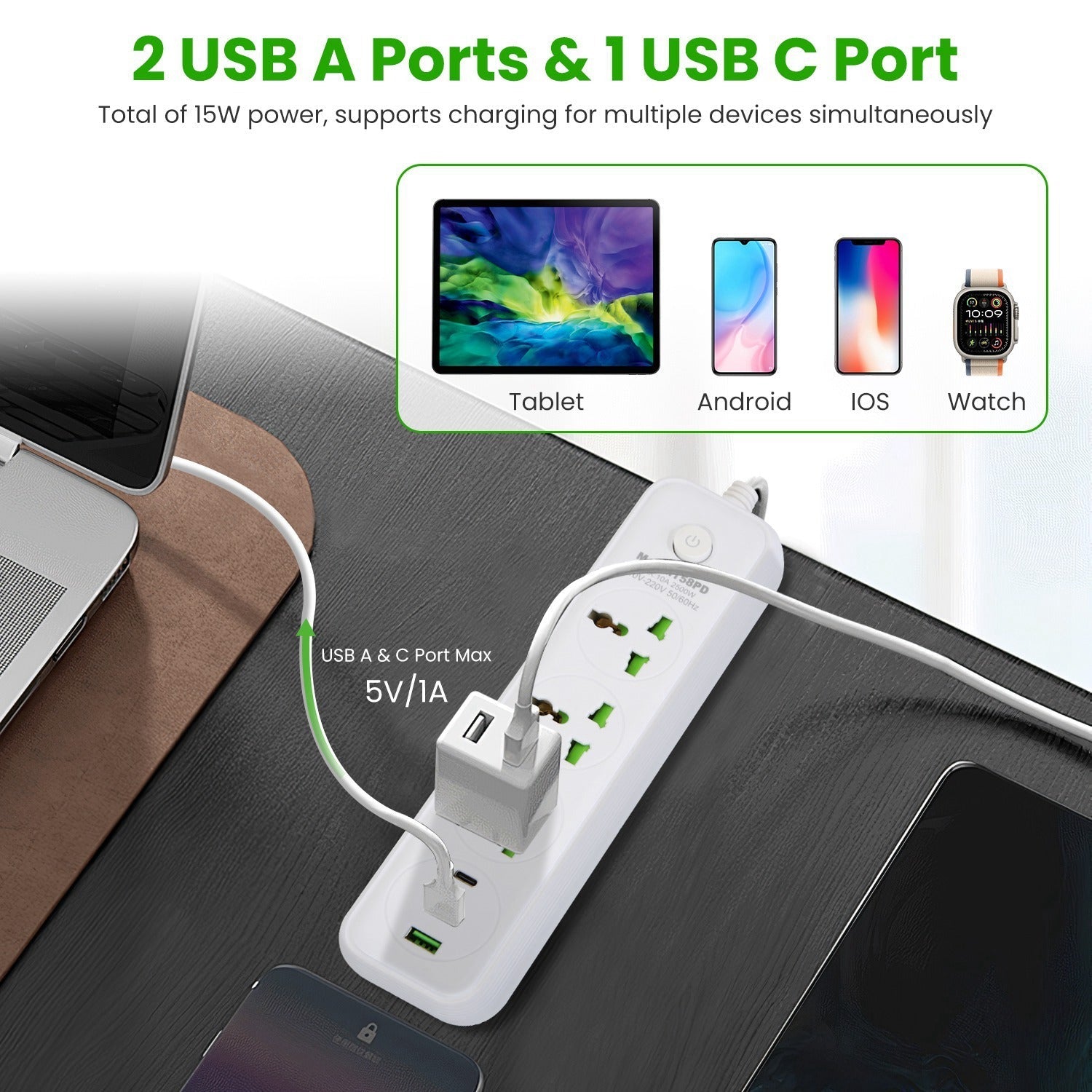 HKM-787731 6FT Power Strip with 3 AC Outlets, 2 USB A Ports, and 1 USB C Port, Wall Mountable with Safety Cover, Ideal for Home and Office Use