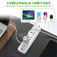 HKM-787731 6FT Power Strip with 3 AC Outlets, 2 USB A Ports, and 1 USB C Port, Wall Mountable with Safety Cover, Ideal for Home and Office Use